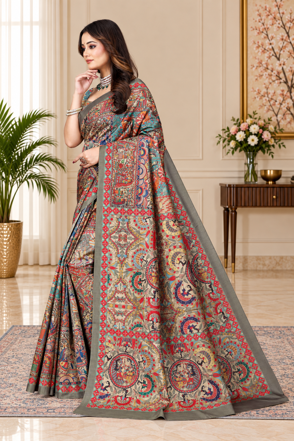 Madhubani Print Manipuri Silk Saree for Women | Indian Ethnic Party & Casual Wear | Unstitched Blouse Included Brown