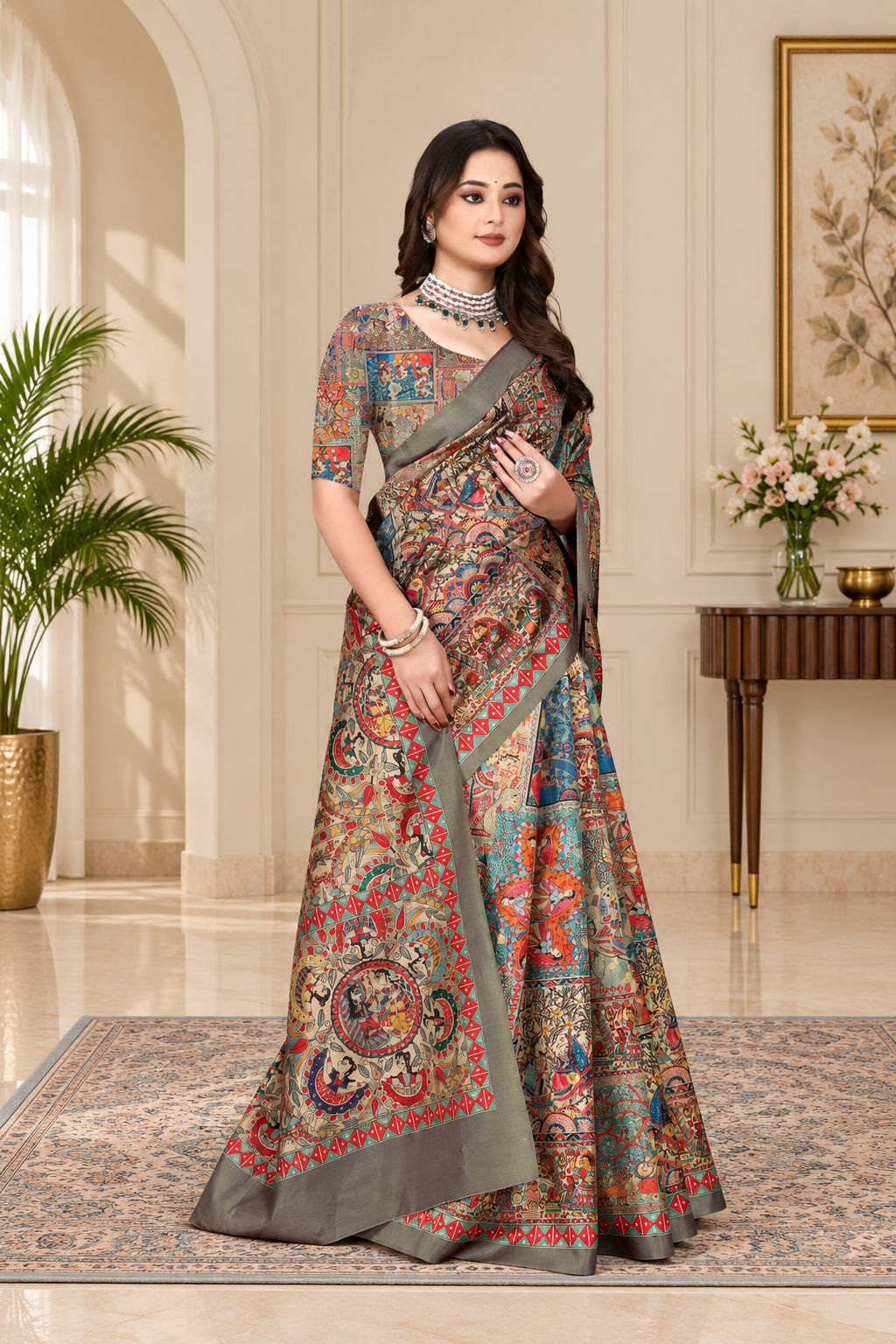 Madhubani Print Manipuri Silk Saree for Women | Indian Ethnic Party & Casual Wear | Unstitched Blouse Included Brown