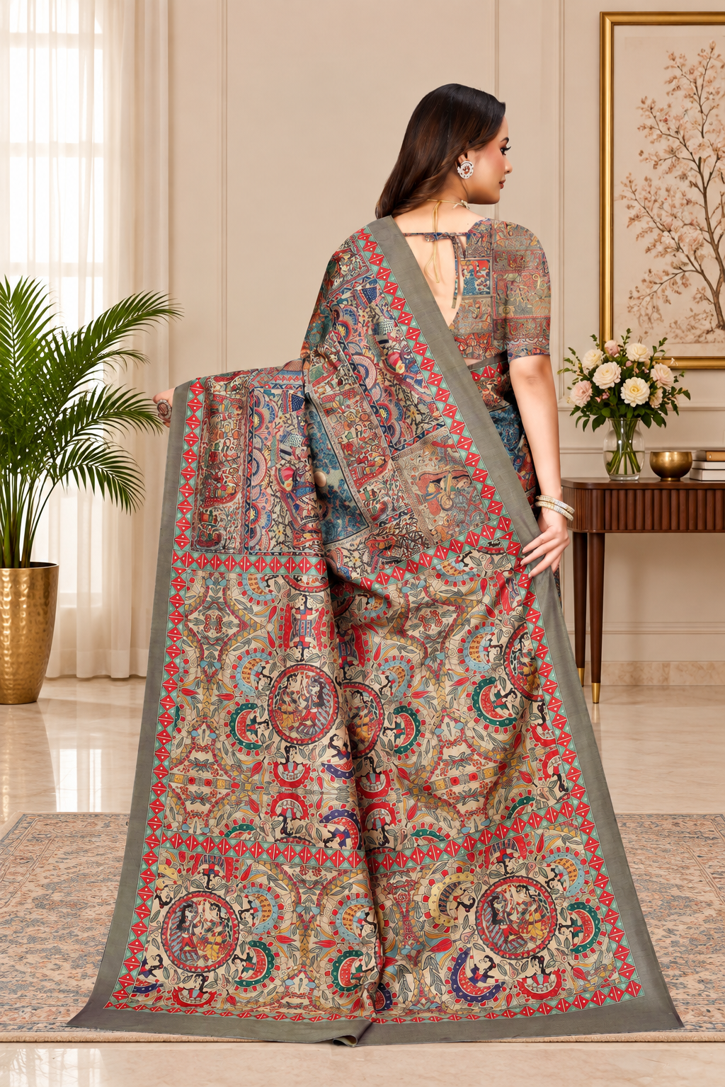 Madhubani Print Manipuri Silk Saree for Women | Indian Ethnic Party & Casual Wear | Unstitched Blouse Included Brown