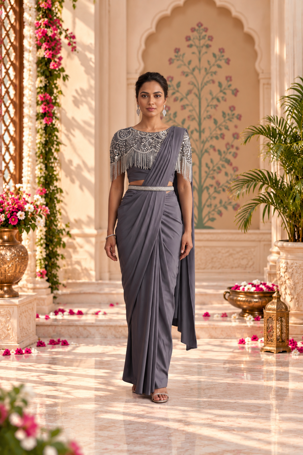 Owlsky Women Ready-to-Wear One Minute Saree with Embellished Fringed Cape Blouse & Handcrafted Belt | Imported Georgette Wedding & Festive Saree | Pre-Draped Saree