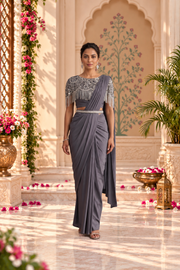 Owlsky Women Ready-to-Wear One Minute Saree with Embellished Fringed Cape Blouse & Handcrafted Belt | Imported Georgette Wedding & Festive Saree | Pre-Draped Saree