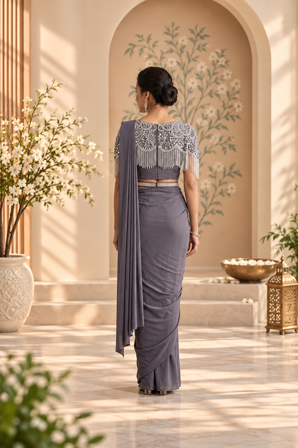 Owlsky Women Ready-to-Wear One Minute Saree with Embellished Fringed Cape Blouse & Handcrafted Belt | Imported Georgette Wedding & Festive Saree | Pre-Draped Saree