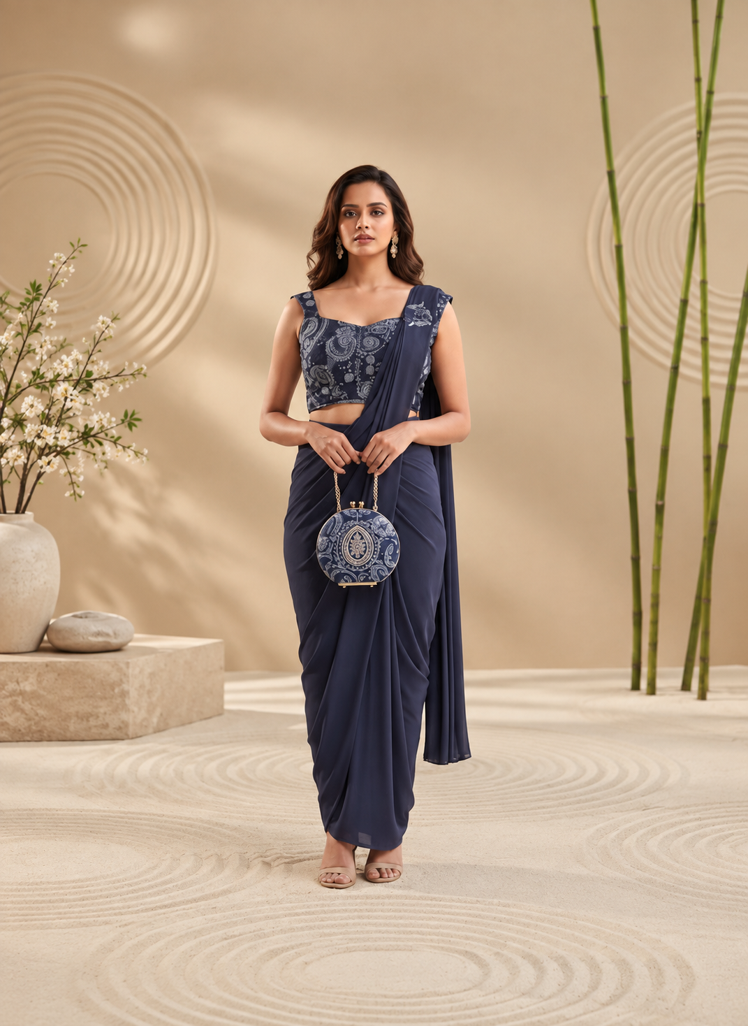 Women Navy Blue Ready-to-Wear One Minute Saree with Embroidered Sleeveless Blouse | Premium Lycra Party,Wedding & Festive
