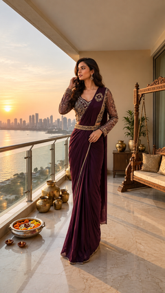 OWLSKY, SASSY & STYLO Women's Ready to Wear Imported Lycra Saree with Heavy Beads Work Designer Stitched Blouse | Pre Draped Saree | Stretch Lycra Saree
