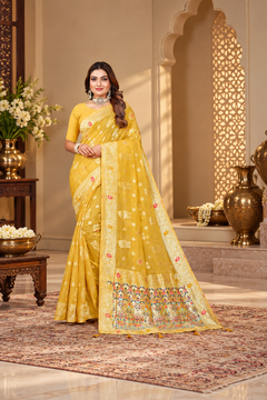OWLSKY, SASSY & STYLO Women’s Linen Tissue Silk Saree with Thread Weaving & Siroski Work | Included with Unstriched Blouse Piece |