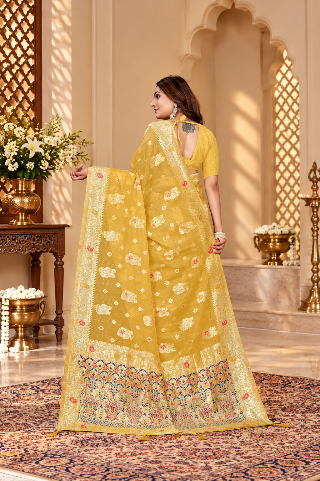 OWLSKY, SASSY & STYLO Women’s Linen Tissue Silk Saree with Thread Weaving & Siroski Work | Included with Unstriched Blouse Piece |