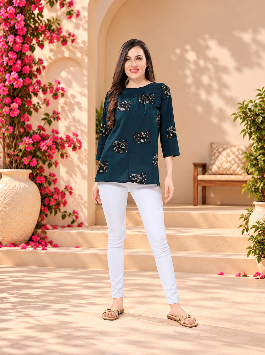 Owl Sky Women’s Pure Cotton Jaipuri Printed Short Kurti – Navy