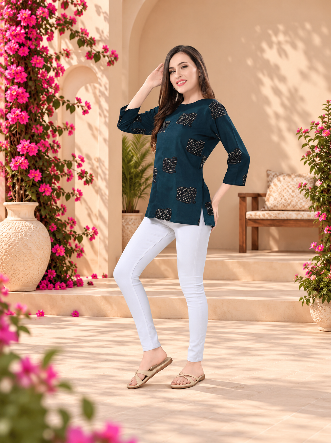 Owl Sky Women’s Pure Cotton Jaipuri Printed Short Kurti – Navy