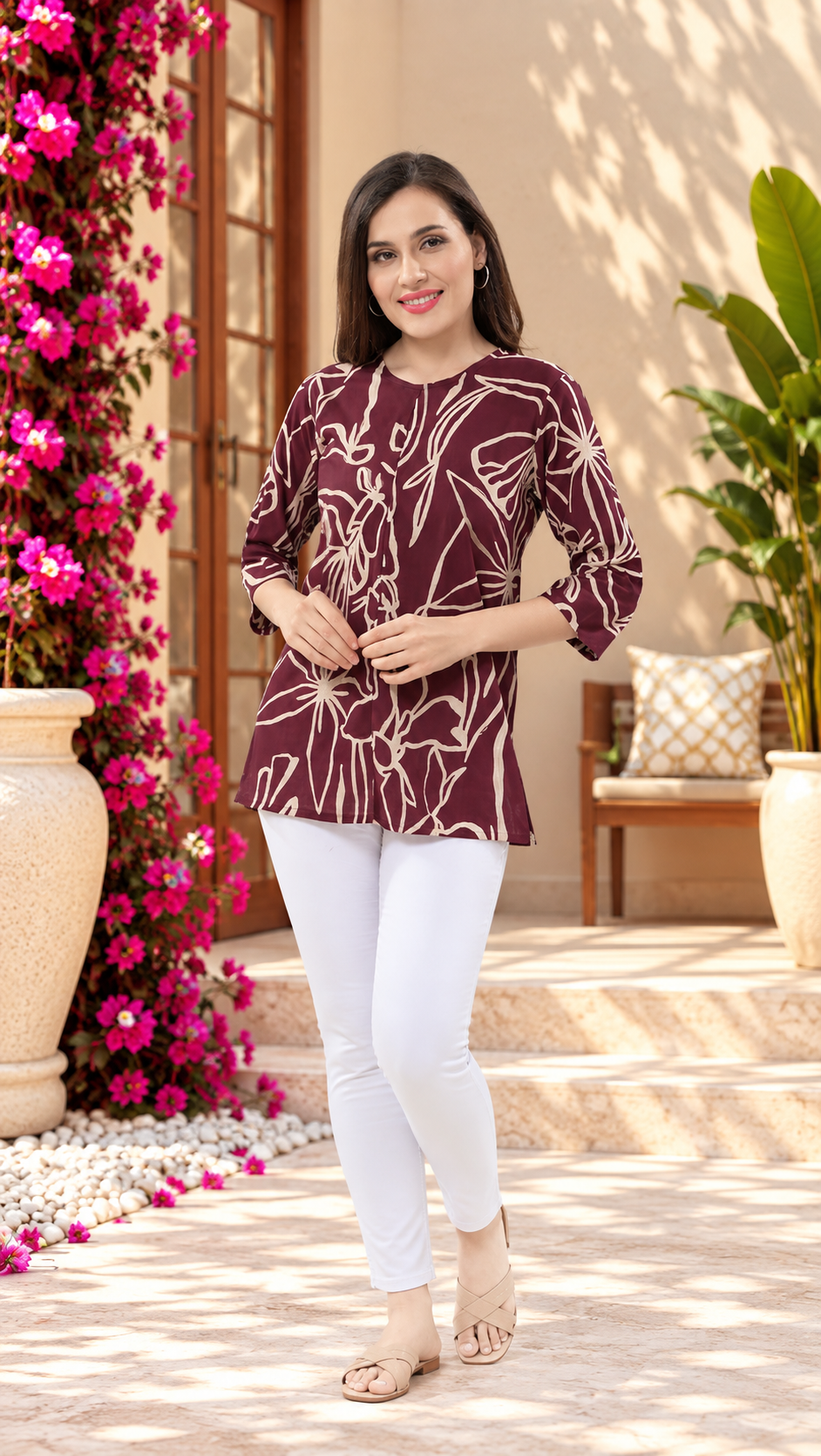 Owl Sky Women’s Pure Cotton Jaipuri Printed Short Kurti –  Maroon
