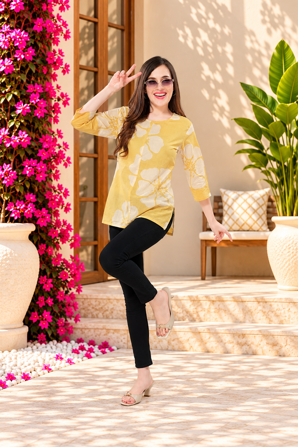 Owl Sky Women’s Pure Cotton Jaipuri Printed Short Kurti – Yellow