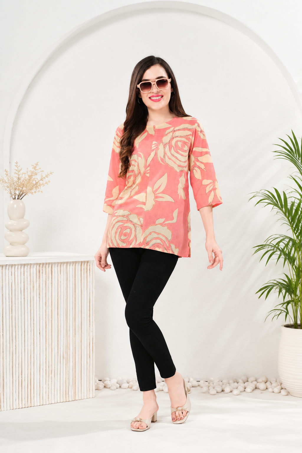Owl Sky Women’s Pure Cotton Jaipuri Printed Short Kurti – Rose