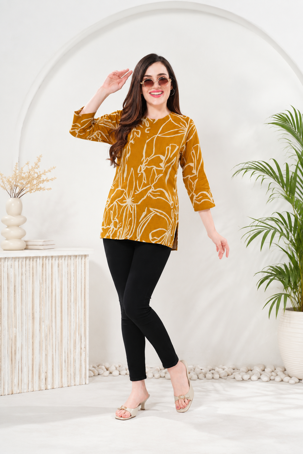 Owl Sky Women’s Pure Cotton Jaipuri Printed Short Kurti – Orange