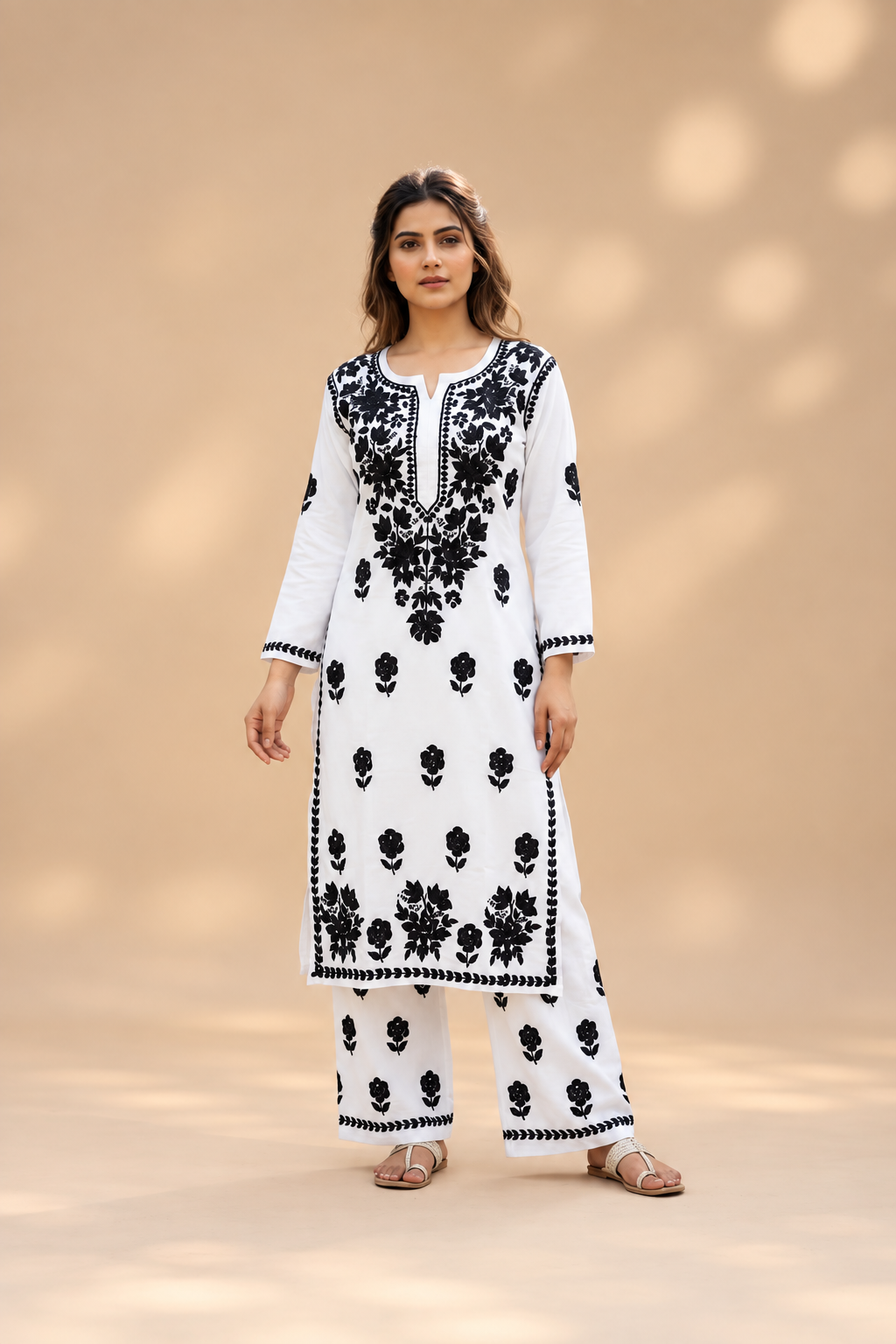 Owlsky Women Beige Lakhnavi Chikankari Modal Kurta with Palazzos-White