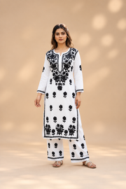 Owlsky Women Beige Lakhnavi Chikankari Modal Kurta with Palazzos-White