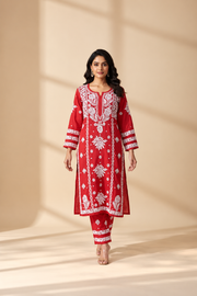 Owlsky Women Red & White Lakhnavi Chikankari Modal Kurta with Palazzos