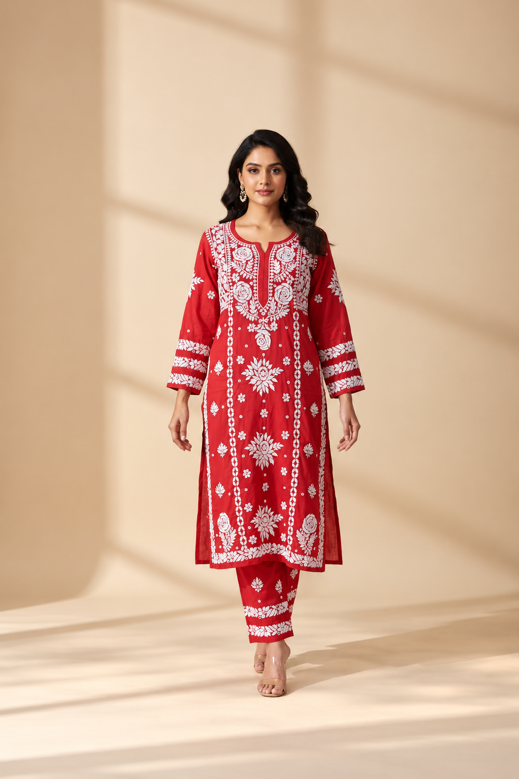 Owlsky Women Red & White Lakhnavi Chikankari Modal Kurta with Palazzos