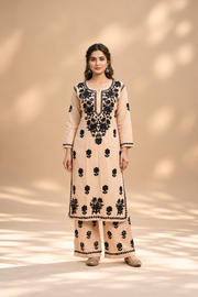 Owlsky Women Beige Lakhnavi Chikankari Modal Kurta with Palazzos