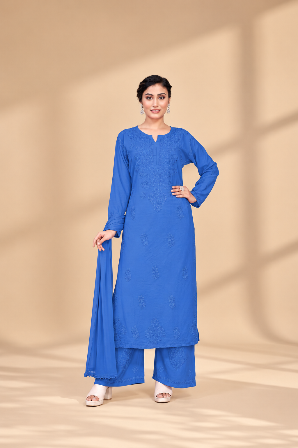 Premium Chanderi Silk Chikankari Kurta With Pant & Dupatta | Embroidered Chikankari Suit Set-Sky Blue