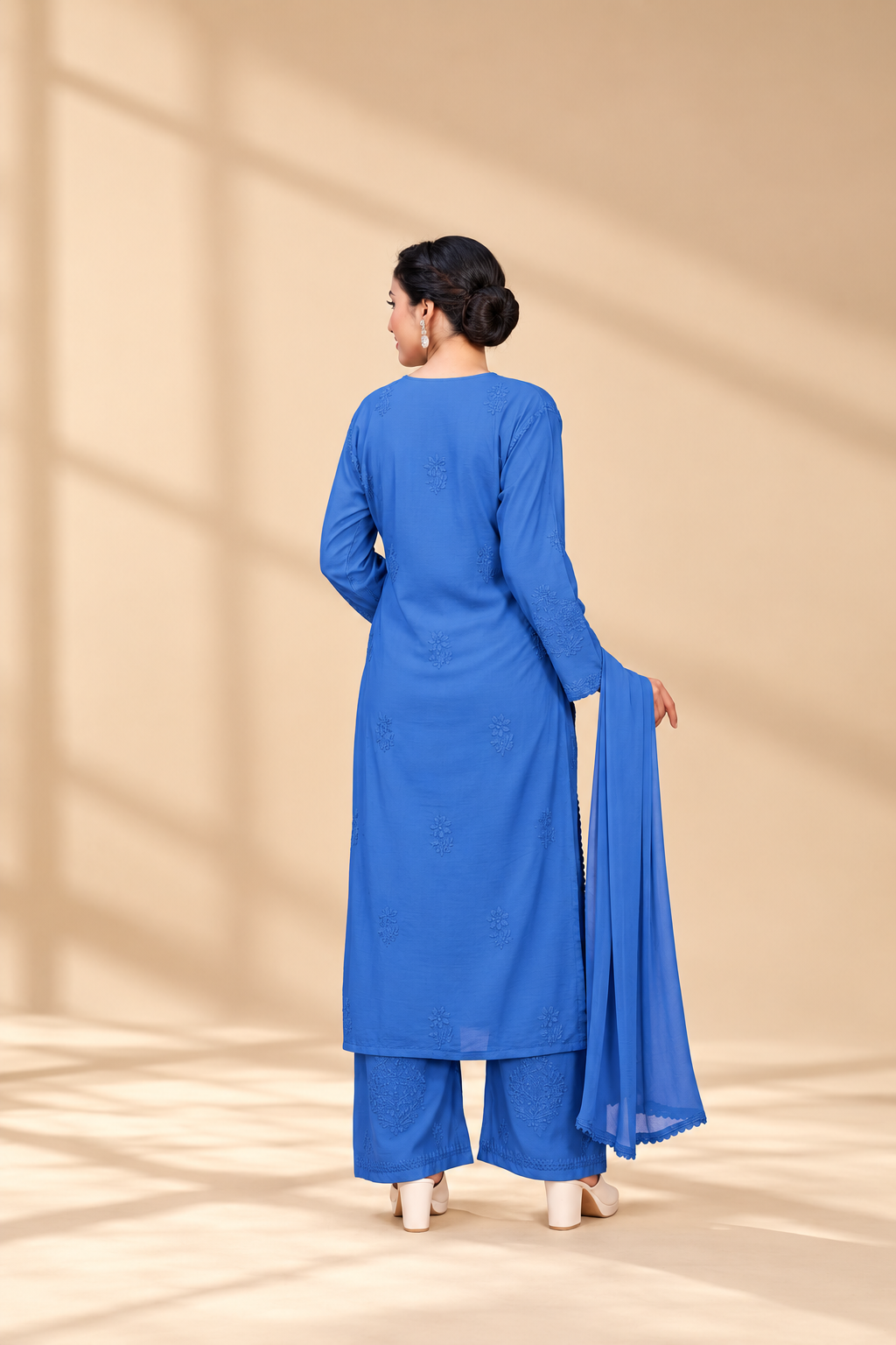 Premium Chanderi Silk Chikankari Kurta With Pant & Dupatta | Embroidered Chikankari Suit Set-Sky Blue