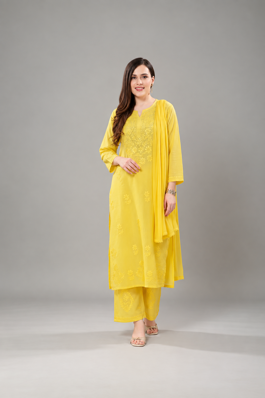 Premium Chanderi Silk Chikankari Kurta With Pant & Dupatta | Embroidered Chikankari Suit Set-Yellow