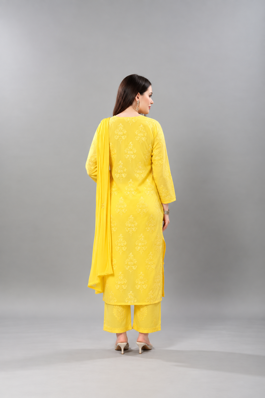 Premium Chanderi Silk Chikankari Kurta With Pant & Dupatta | Embroidered Chikankari Suit Set-Yellow