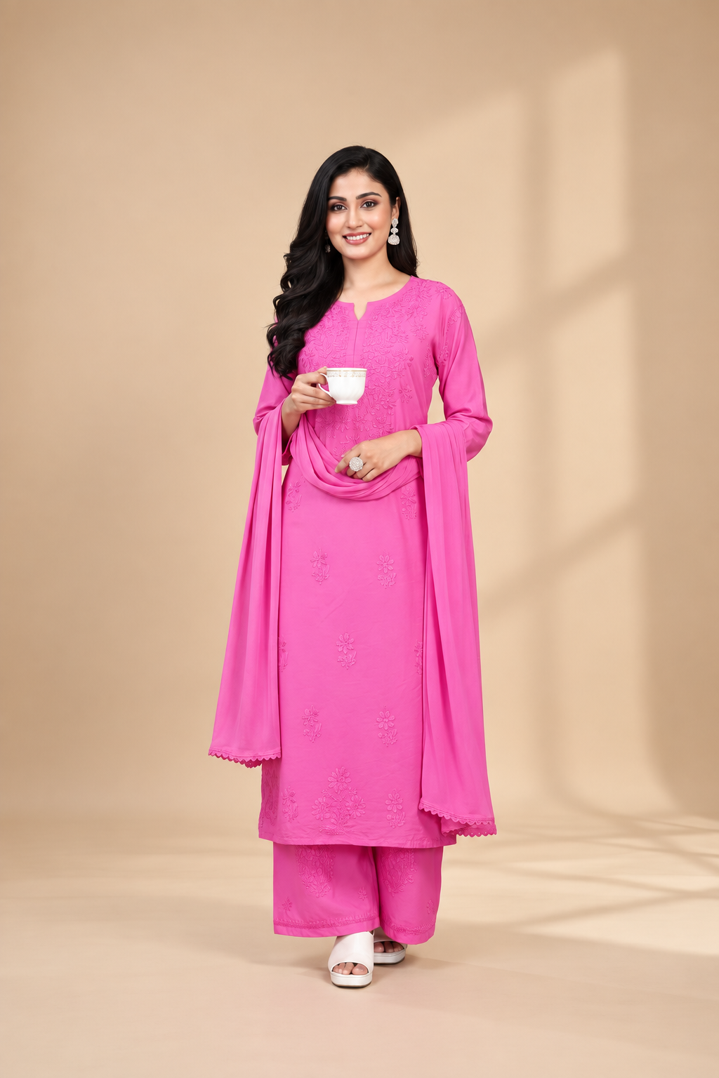 Premium Chanderi Silk Chikankari Kurta With Pant & Dupatta | Embroidered Chikankari Suit Set-Pink