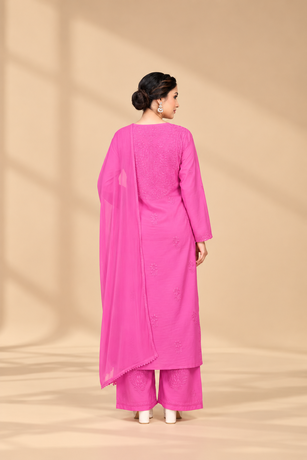 Premium Chanderi Silk Chikankari Kurta With Pant & Dupatta | Embroidered Chikankari Suit Set-Pink