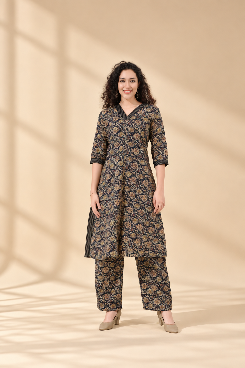 Owlsky Women Blue & Gold Ethnic Printed Pure Cotton Co-ord Set