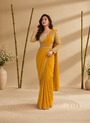OWLSKY, SASSY & STYLO Women's Ready to Wear Imported Lycra Saree with Heavy Beads Work Designer Stitched Blouse | Pre Draped Saree | Stretch Lycra Saree
