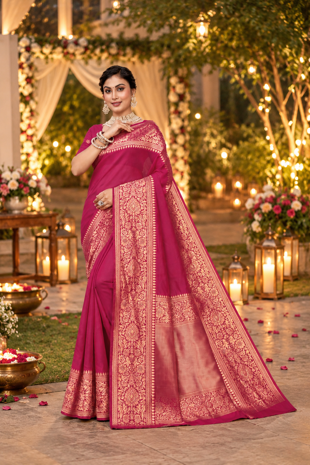 Kanjivaram Cotton Silk Saree for Women with Zari Border | Traditional Indian Saree with Unstitched Blouse Piece | Lightweight Festival Wear Saree | Elegant Soft Cotton Silk Saree Magenta Pink