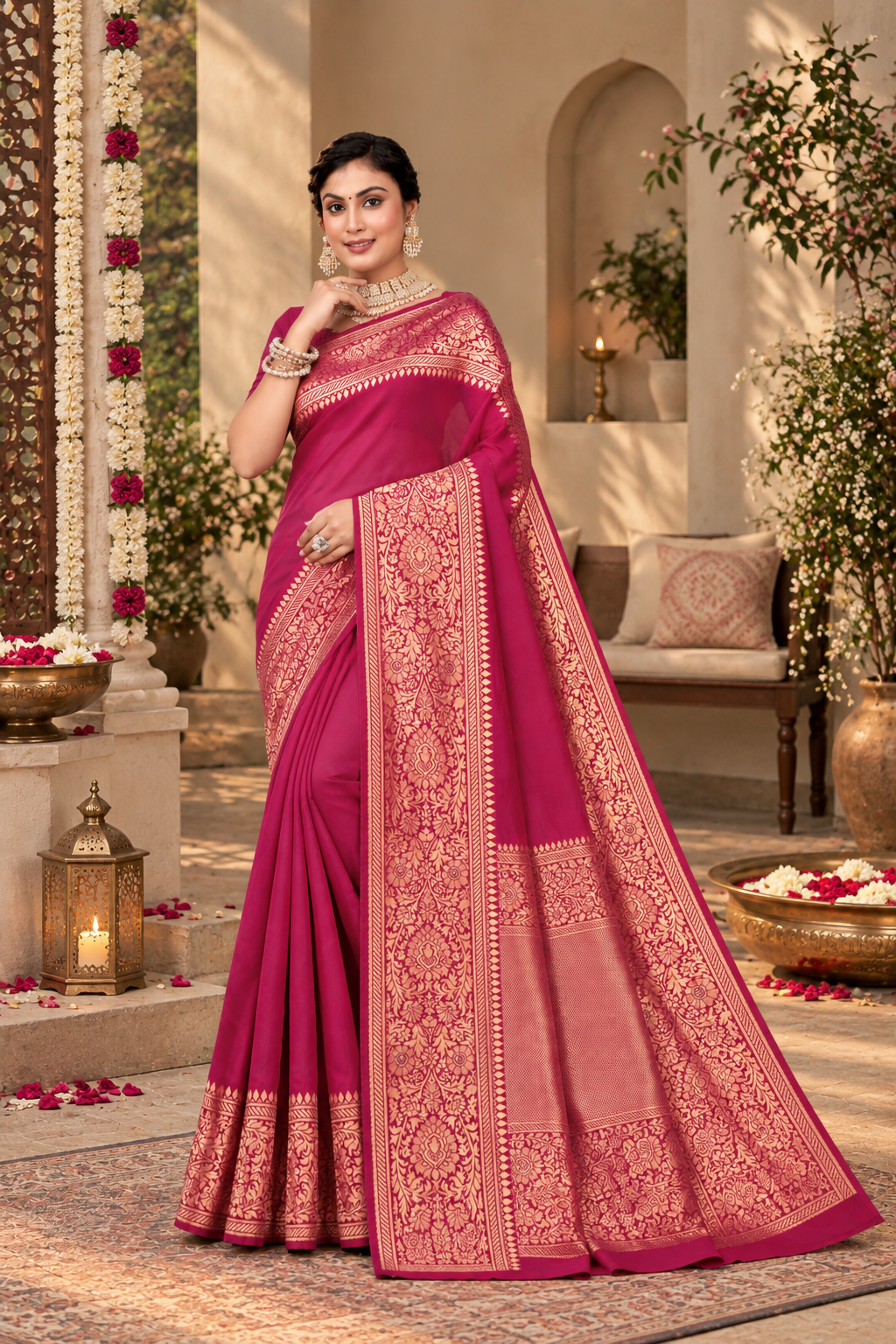 Kanjivaram Cotton Silk Saree for Women with Zari Border | Traditional Indian Saree with Unstitched Blouse Piece | Lightweight Festival Wear Saree | Elegant Soft Cotton Silk Saree Magenta Pink