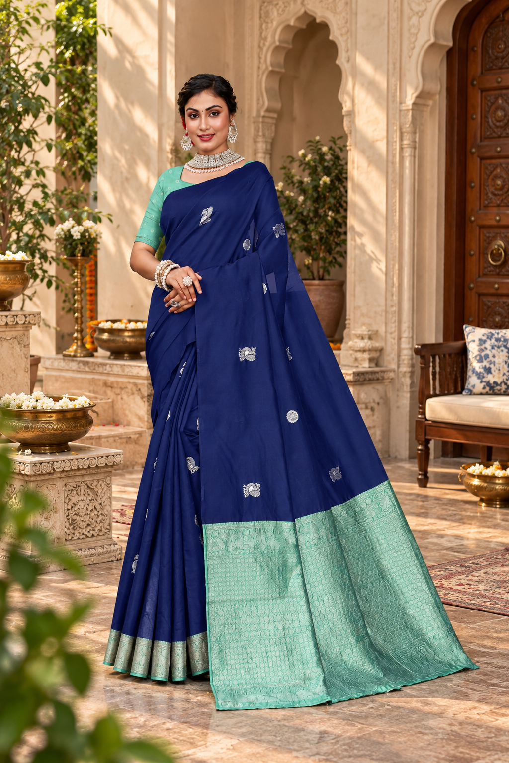 Owlsky Women's Kanjivaram Silk Saree Soft Banarasi Style with Golden & Silver Zari Border | Elegant Silk Look Saree with Unstitched Blouse Piece Navy Blue