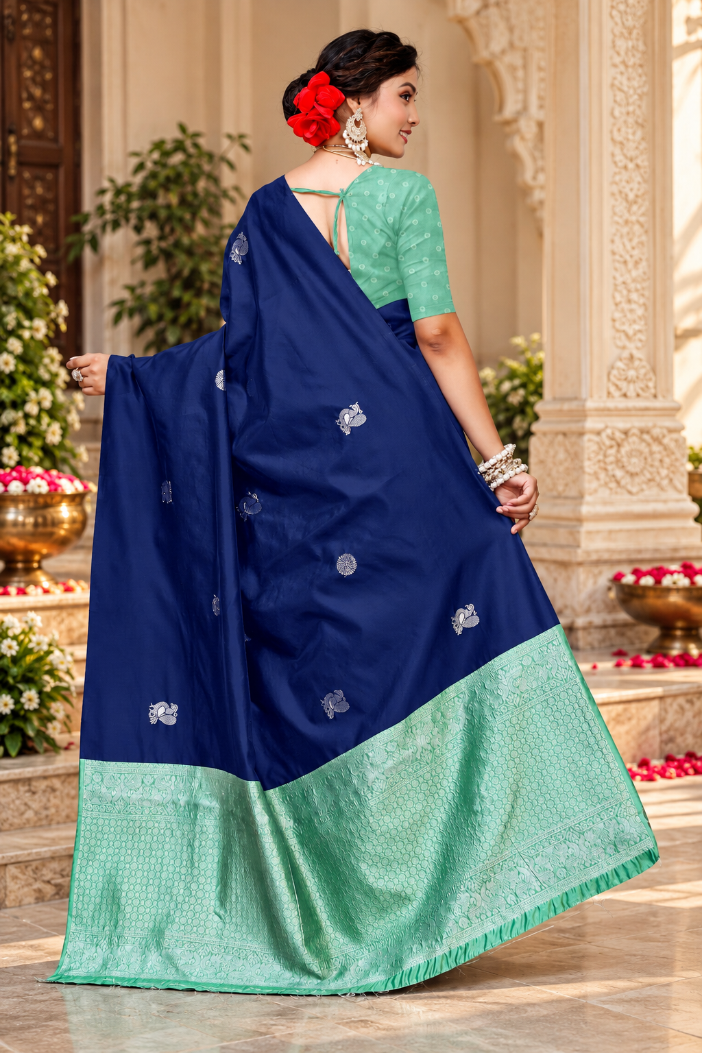 Owlsky Women's Kanjivaram Silk Saree Soft Banarasi Style with Golden & Silver Zari Border | Elegant Silk Look Saree with Unstitched Blouse Piece Navy Blue