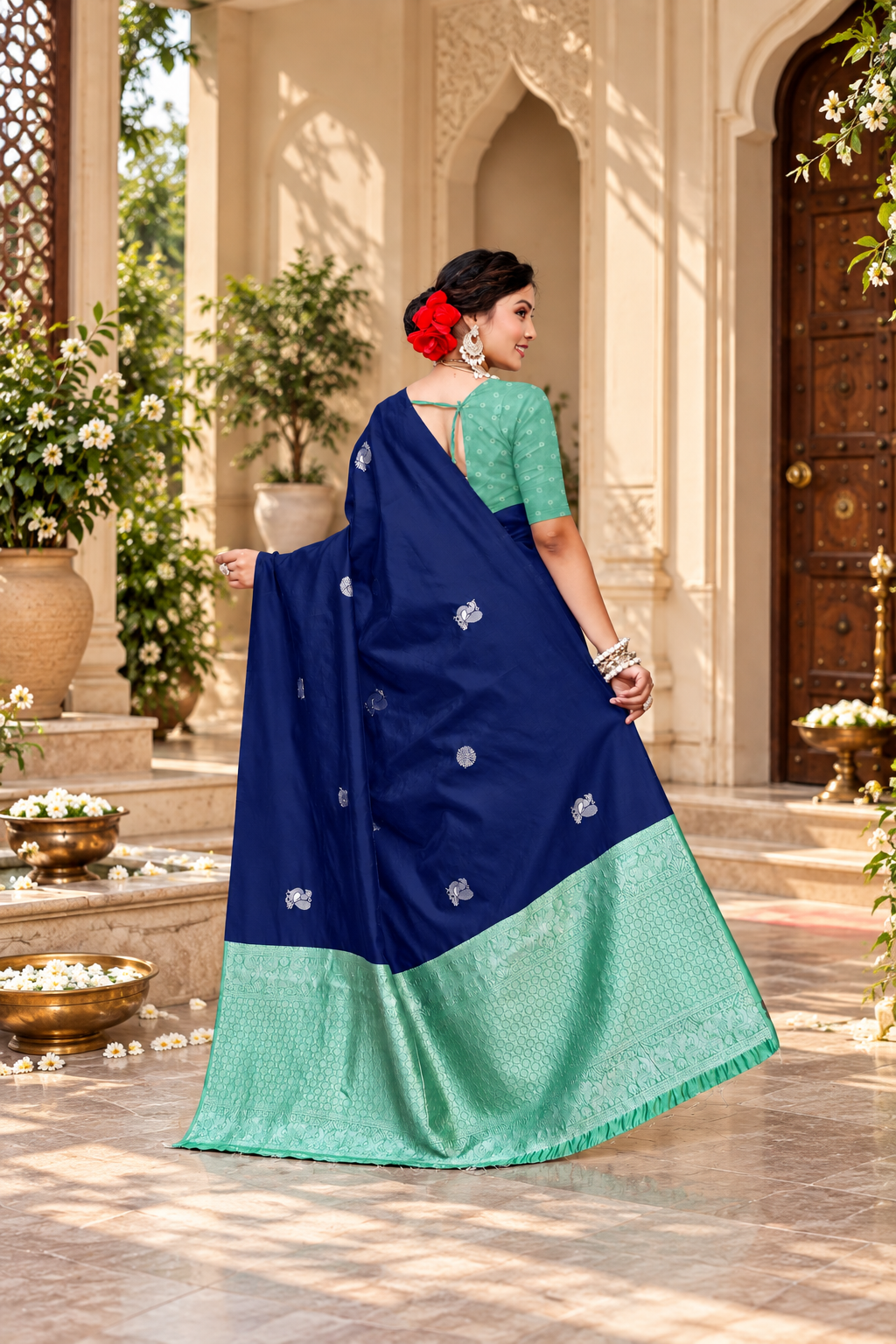 Owlsky Women's Kanjivaram Silk Saree Soft Banarasi Style with Golden & Silver Zari Border | Elegant Silk Look Saree with Unstitched Blouse Piece Navy Blue