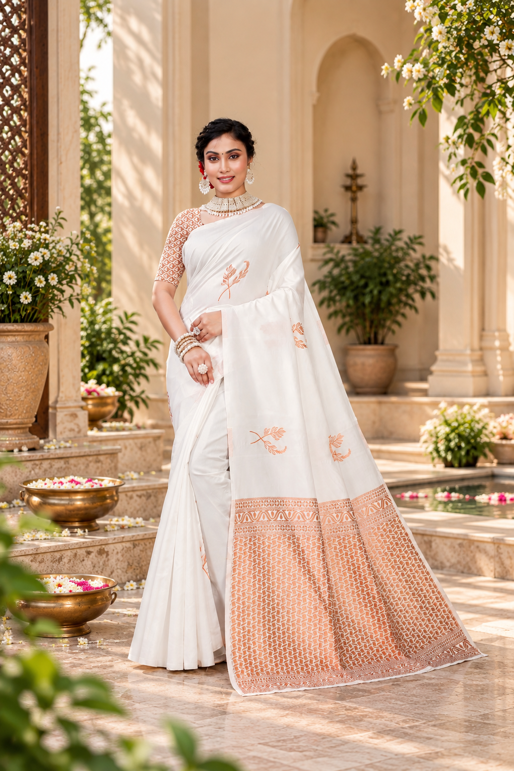 Owlsky Women's Kanjivaram Silk Saree Soft Banarasi Style with Golden & Silver Zari Border | Elegant Silk Look Saree with Unstitched Blouse Piece White