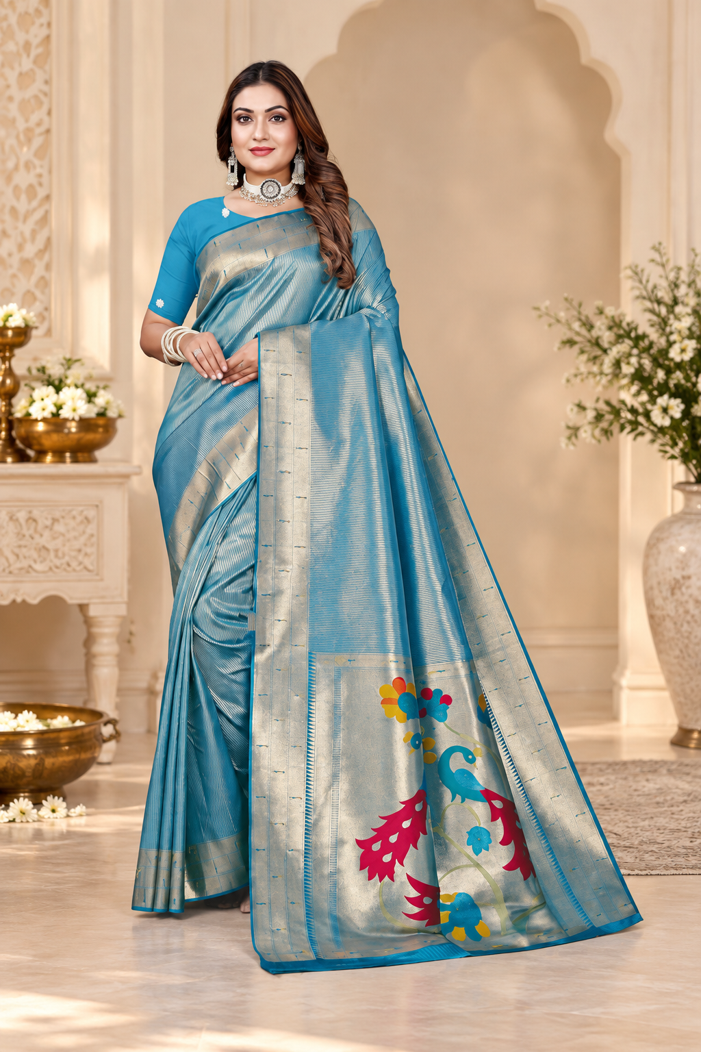 Owlsky Women’s Kanjivaram Silk Saree with Beautiful Paithani Rich Pallu | Design Work Zari Woven Kanjivaram Silk Style Saree With Soft Lichi Silk Blouse Sky Blue