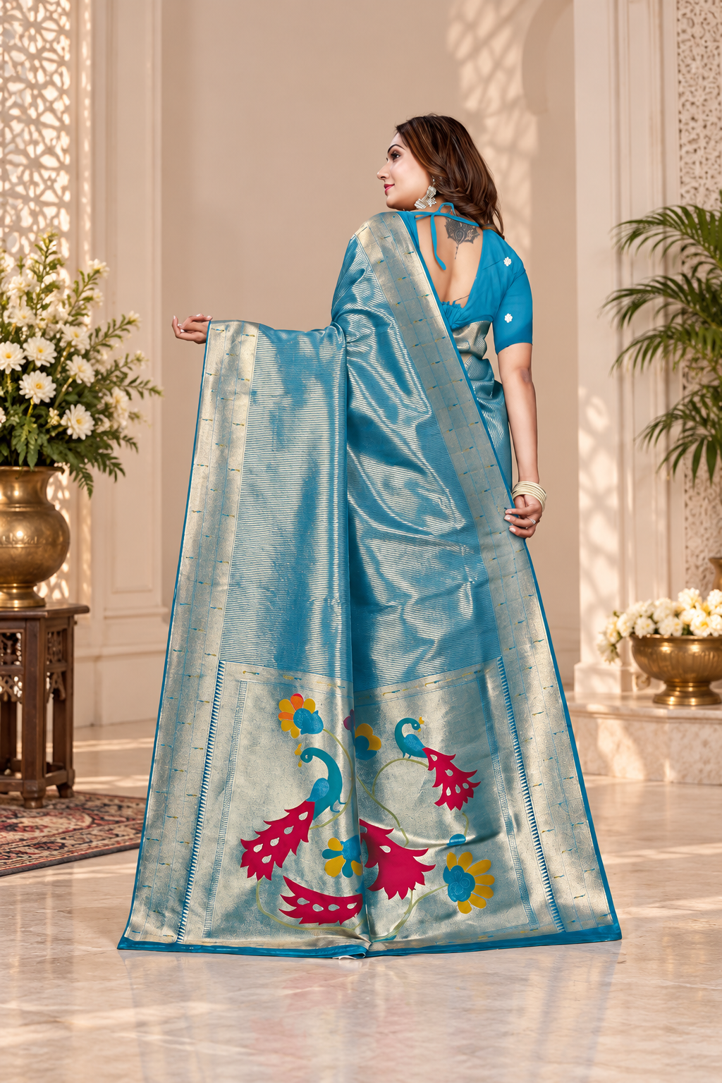 Owlsky Women’s Kanjivaram Silk Saree with Beautiful Paithani Rich Pallu | Design Work Zari Woven Kanjivaram Silk Style Saree With Soft Lichi Silk Blouse Sky Blue