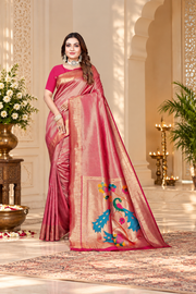 Owlsky Women’s Kanjivaram Silk Saree with Beautiful Paithani Rich Pallu | Design Work Zari Woven Kanjivaram Silk Style Saree With Soft Lichi Silk Blouse Rani Pink