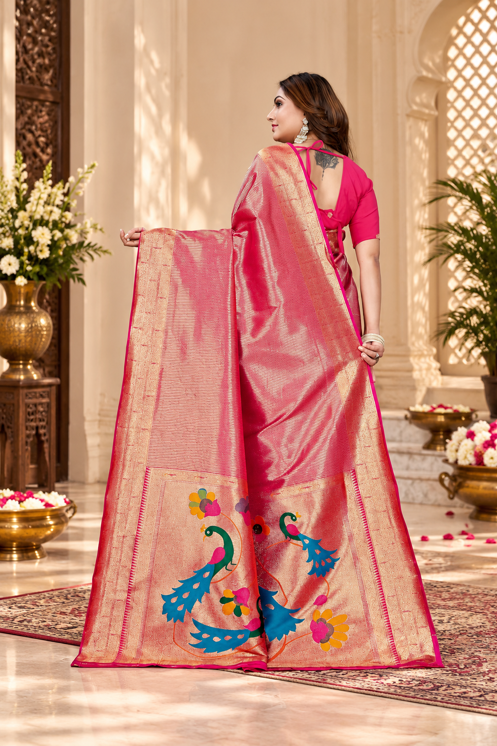 Owlsky Women’s Kanjivaram Silk Saree with Beautiful Paithani Rich Pallu | Design Work Zari Woven Kanjivaram Silk Style Saree With Soft Lichi Silk Blouse Rani Pink