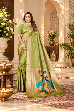 Owlsky Women’s Kanjivaram Silk Saree with Beautiful Paithani Rich Pallu | Design Work Zari Woven Kanjivaram Silk Style Saree With Soft Lichi Silk Blouse Olive Green
