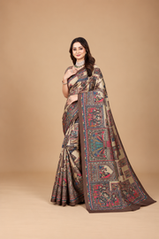 Madhubani Print Manipuri Silk Saree for Women | Indian Ethnic Party & Casual Wear | Unstitched Blouse Included-Coffe Brown