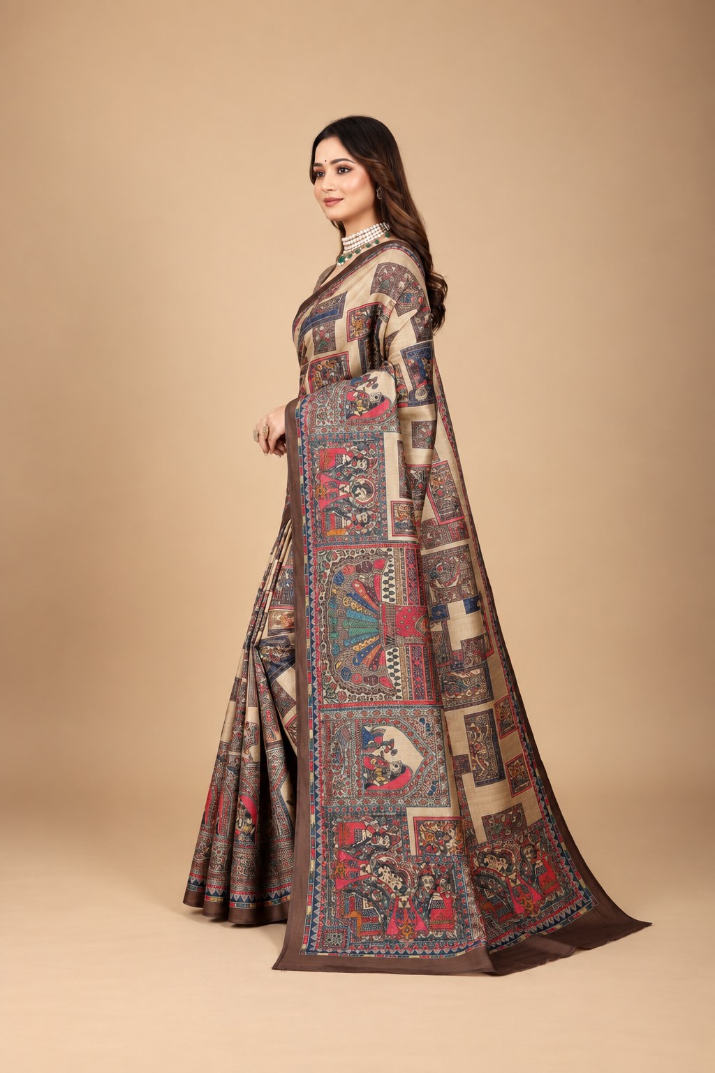 Madhubani Print Manipuri Silk Saree for Women | Indian Ethnic Party & Casual Wear | Unstitched Blouse Included-Coffe Brown