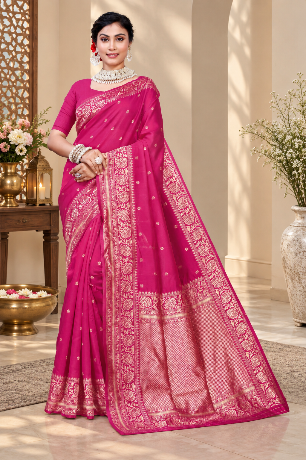 Owlsky Women's Kanjivaram Silk Saree Soft Banarasi Style with Golden & Silver Zari Border | Elegant Silk Look Saree with Unstitched Blouse Piece Rani Pink