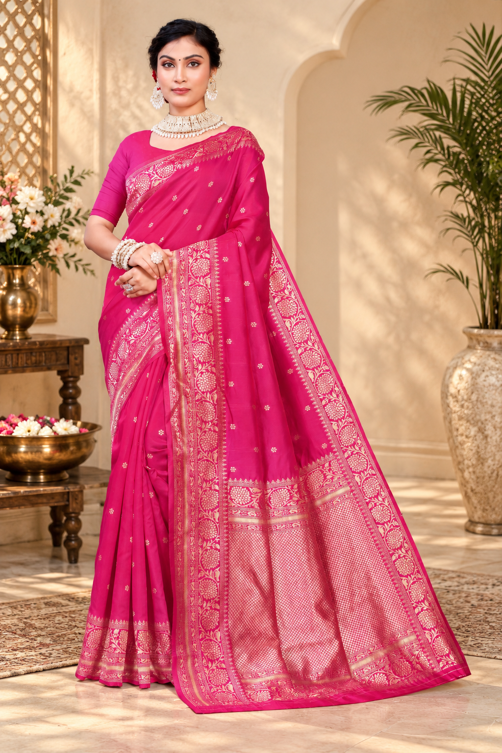 Owlsky Women's Kanjivaram Silk Saree Soft Banarasi Style with Golden & Silver Zari Border | Elegant Silk Look Saree with Unstitched Blouse Piece Rani Pink