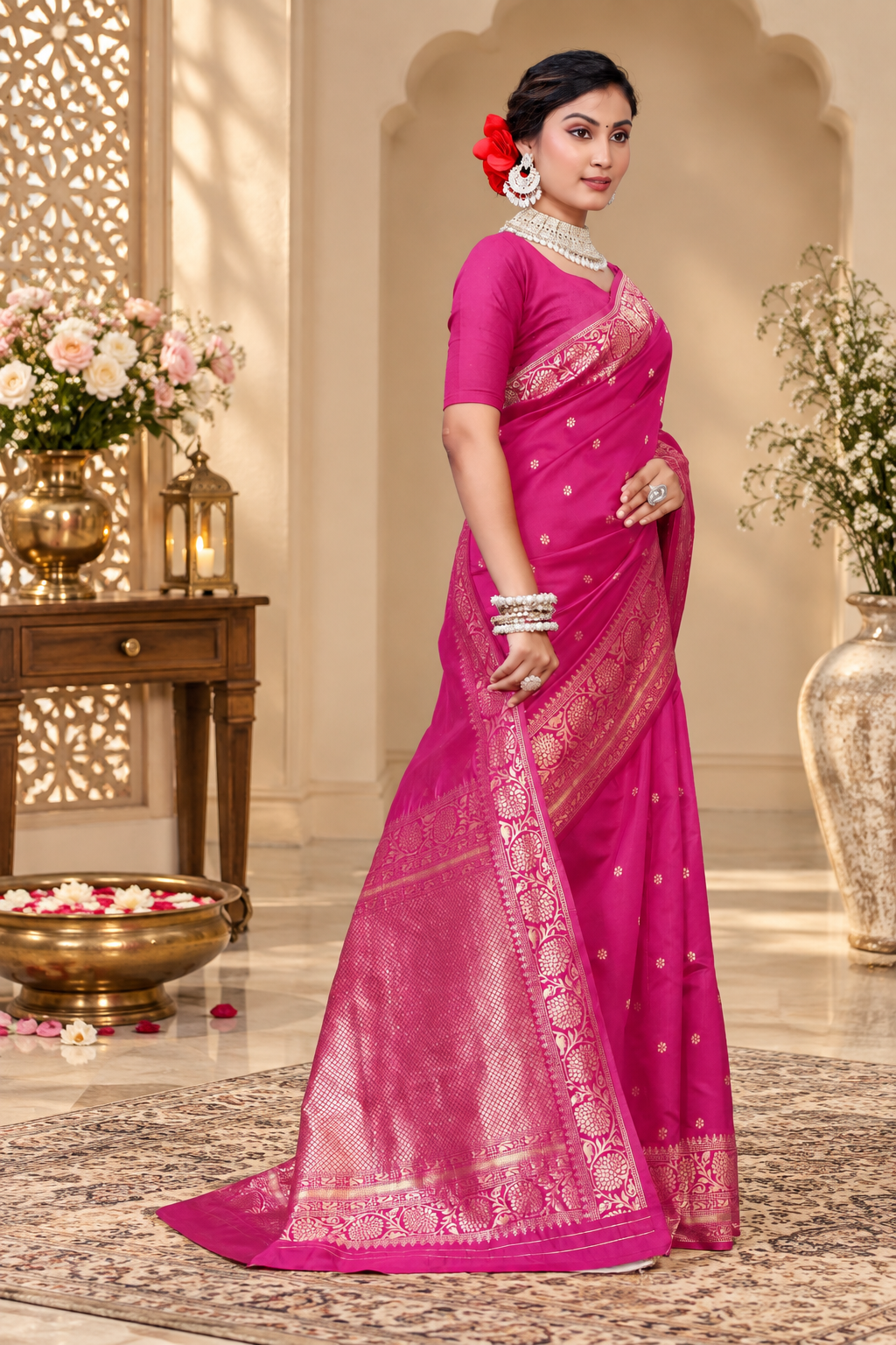 Owlsky Women's Kanjivaram Silk Saree Soft Banarasi Style with Golden & Silver Zari Border | Elegant Silk Look Saree with Unstitched Blouse Piece Rani Pink
