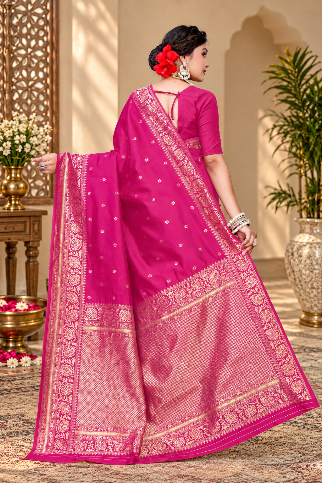Owlsky Women's Kanjivaram Silk Saree Soft Banarasi Style with Golden & Silver Zari Border | Elegant Silk Look Saree with Unstitched Blouse Piece Rani Pink