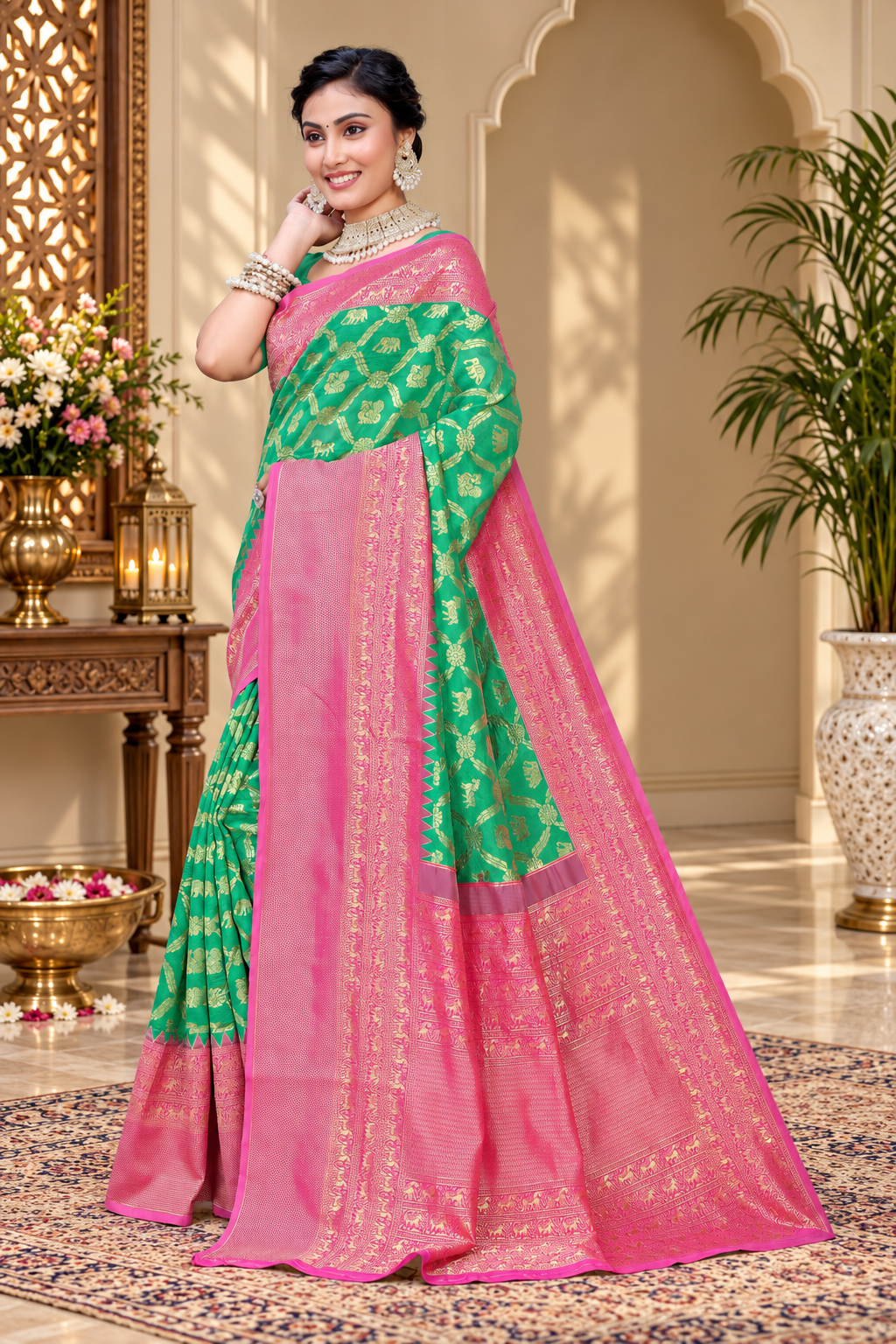 Owl Sky Kanjivaram Cotton Silk Saree for Women with Zari Border | Traditional Indian Saree with Unstitched Blouse Piece | Lightweight Festival Wear Saree | Elegant Soft Cotton Silk Saree Parrot Green