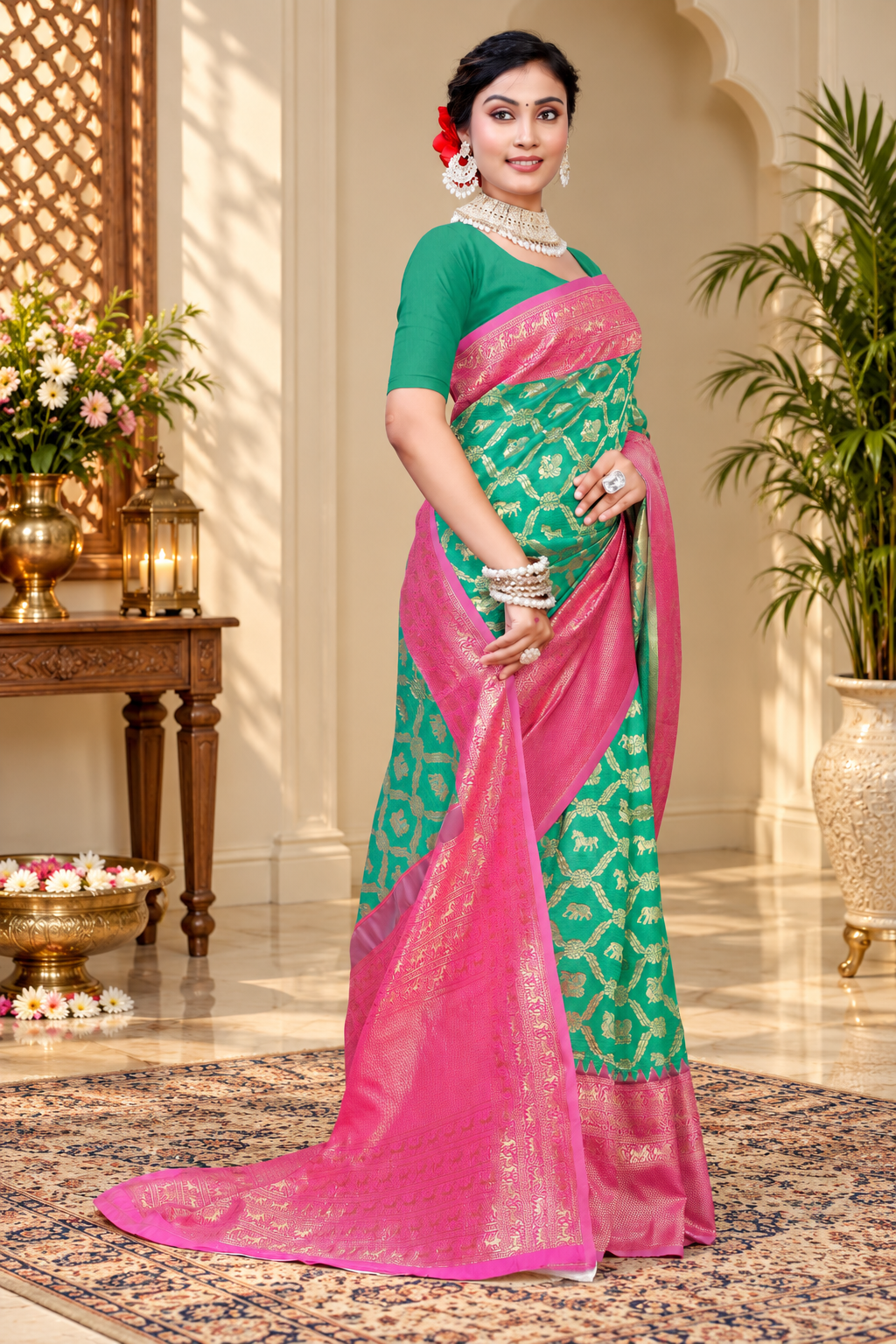 Owl Sky Kanjivaram Cotton Silk Saree for Women with Zari Border | Traditional Indian Saree with Unstitched Blouse Piece | Lightweight Festival Wear Saree | Elegant Soft Cotton Silk Saree Parrot Green