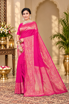 Owlsky Kanjivaram Cotton Silk Saree for Women with Zari Border | Traditional Indian Saree with Unstitched Blouse Piece | Lightweight Festival Wear Saree | Elegant Soft Cotton Silk Saree Rani Pink