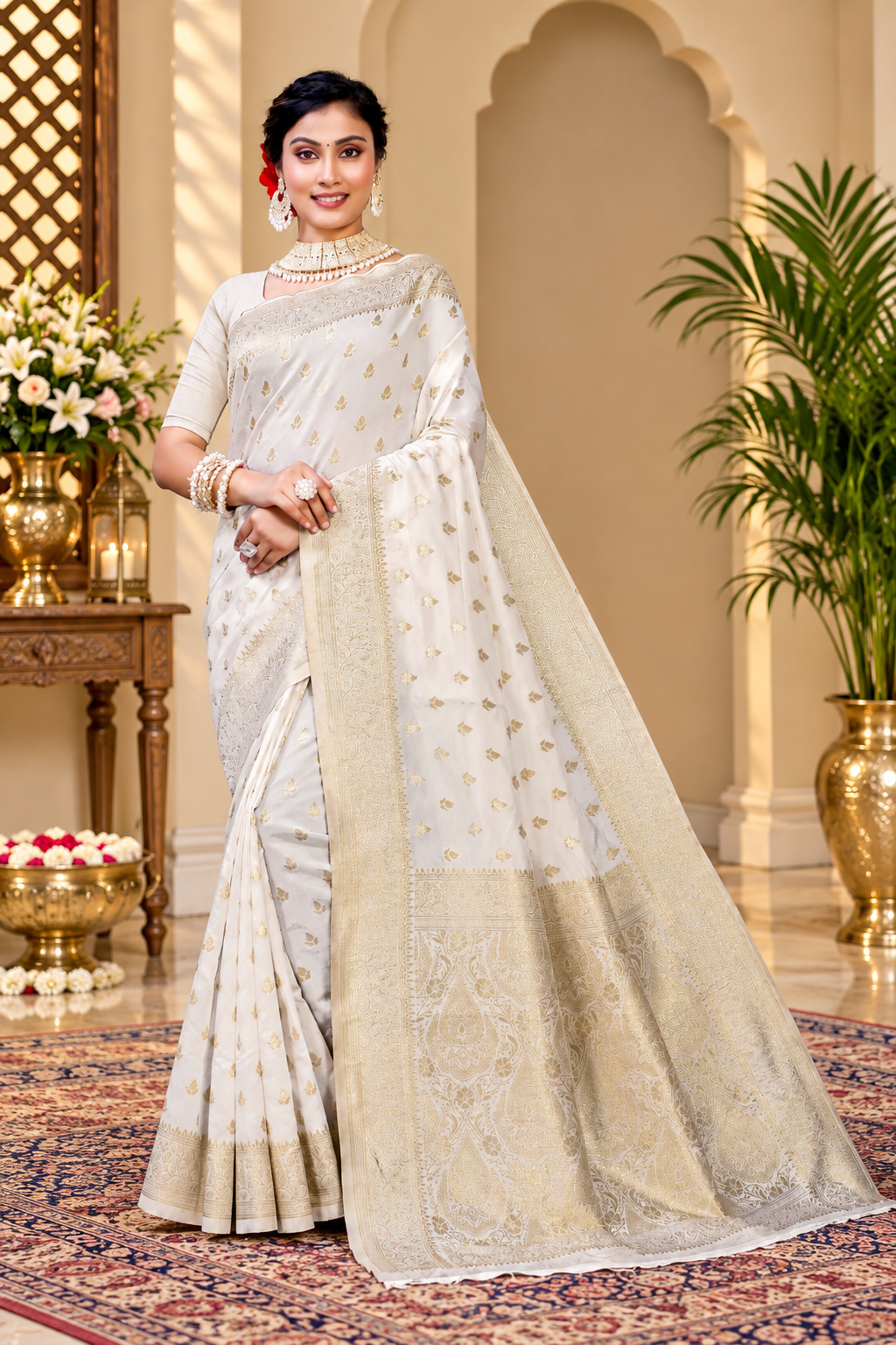 Owlsky Women's Kanjivaram Silk Saree Soft Banarasi Style with Golden & Silver Zari Border | Elegant Silk Look Saree with Unstitched Blouse Piece Off White